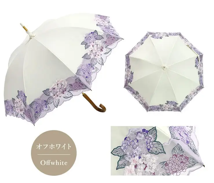 【シノワズリーモダン京都】女優日傘プレミアム 紫陽花オーガンジー刺繍 かわず張り長日傘 オフホワイト