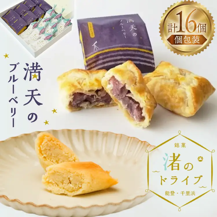 お菓子 個包装 渚のドライブ 満天のブルーベリー 各8個 計16個 [谷口製菓 石川県 宝達志水町 38601292] 
