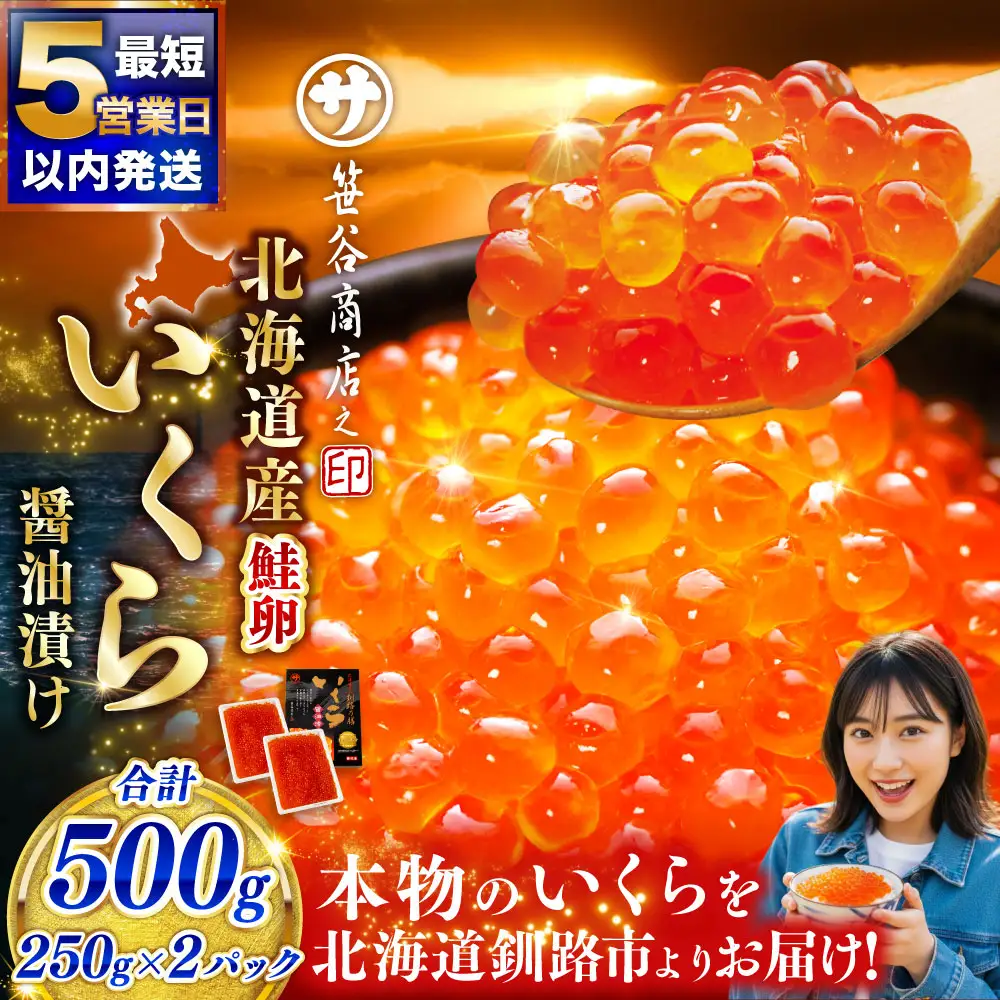 【5営業日以内発送】笹谷商店 北海道産いくらしょう油漬500g（250g×2パック入り） ふるさと納税 いくら