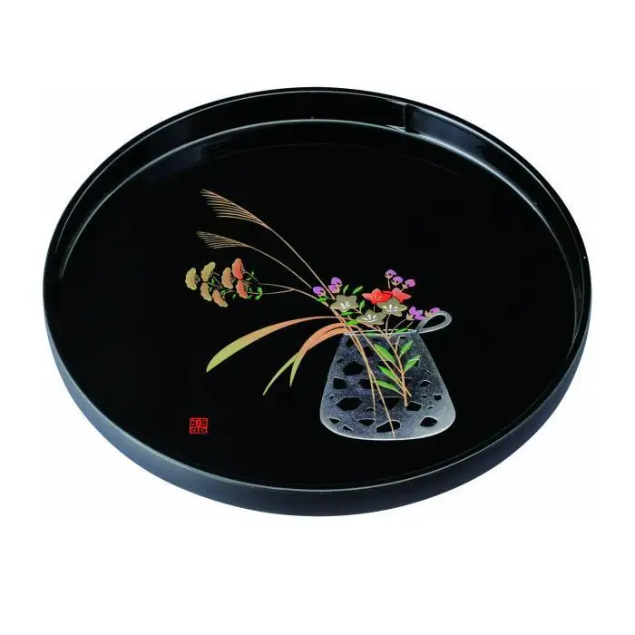 丸盆 30cm 黒 盛絵花かご ［YG465］