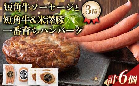 山形県産短角牛ソーセージと短角牛＆米澤豚一番育ちハンバーグ3種6個詰合せ（ソーセージ4本入 1個 ハンバーグ 4個 ボロニアソーセージ 1個） F2Y-6536