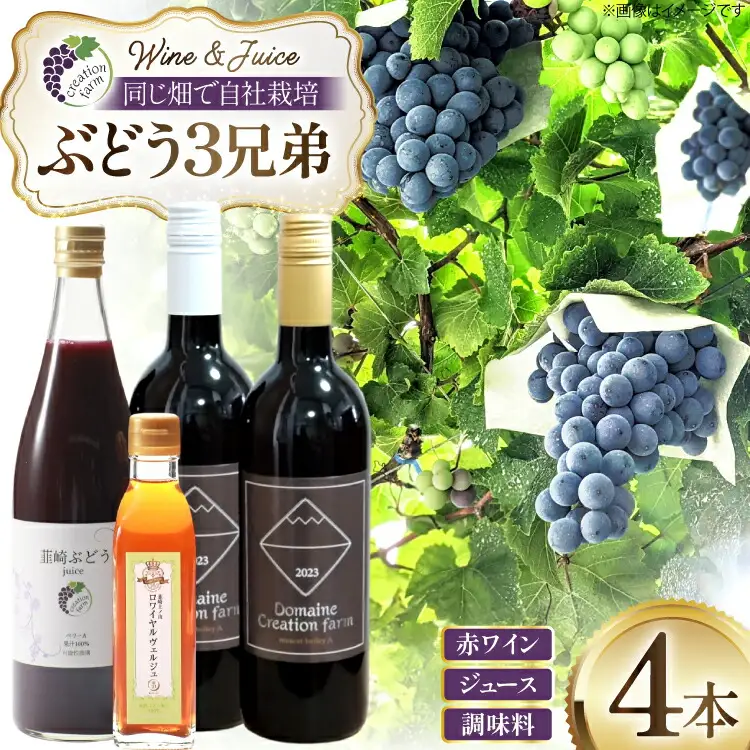 ぶどう 赤ワイン 樽熟成 赤ワイン ステンレスタンク熟成 ブドウジュース ロワイヤルヴェルジュ 750ml × 2本 720ml × 1本 190ml × 1本 ( 4本 セット ) [Creation farm 山梨県 韮崎市 20745311]