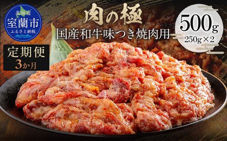 【3か月定期便】国産和牛味つき焼肉用 500g (250g×2) MROBM010