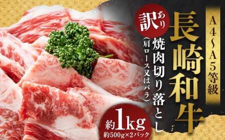 【訳あり】【A4～A5】 長崎和牛 焼肉切り落とし （肩ロース・バラ） 約1kg （約500g×2パック） ／ 和牛 牛肉 ぎゅうにく お肉 おにく 肉 にく 肩ロース バラ カルビ 切り落とし 焼肉 やきにく BBQ 長崎県 時津町 冷凍