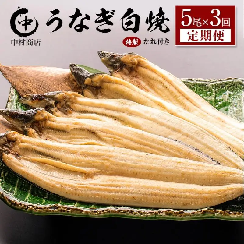 ＜定期便＞5尾×全3回 国産 うなぎ 白焼 有頭 計2.7kg以上（1回あたり 計905g以上） たれ付き 宮崎県産 鰻 中村商店