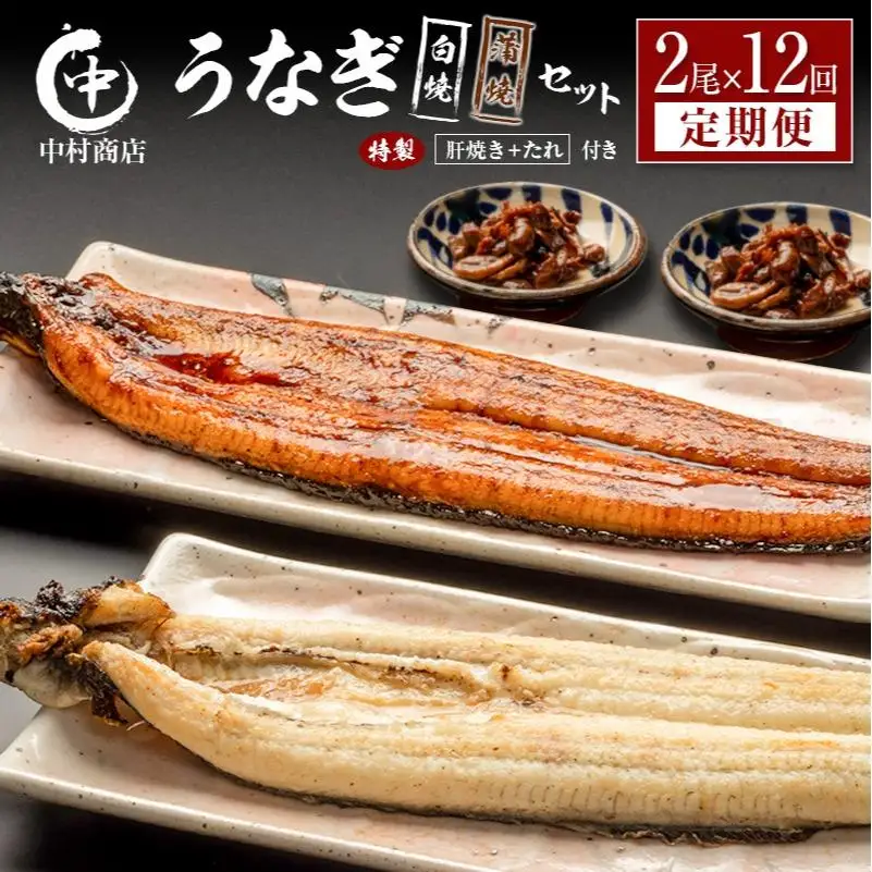 ＜定期便＞2尾×全12回 国産 うなぎ 白焼 蒲焼 セット 合計4.3kg以上（1回あたり 合計362g以上） 肝焼き・たれ付き 有頭 宮崎県産 鰻 中村商店