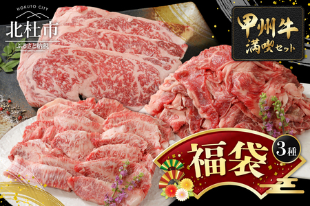 【福袋】甲州牛 満喫詰め合わせ Aセット　黒毛和牛 サーロイン ステーキ 1枚 250g 焼肉用 カルビ 300g 切り落とし 300g 品質ランク A4以上 牛肉 肉 和牛 贅沢 バーベキュー ミート池田 山梨県 北杜市 [h021]