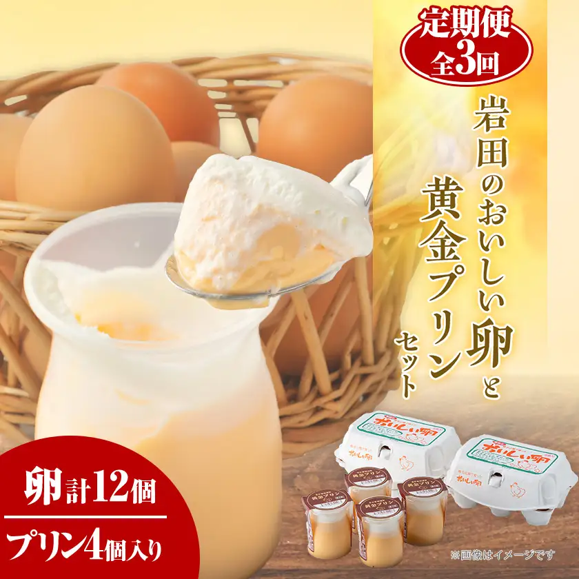 【毎月定期便】岩田のおいしい卵と 黄金プリンのセット全3回【配送不可地域：離島・北海道・沖縄県・中国・四国・九州】【4079451】