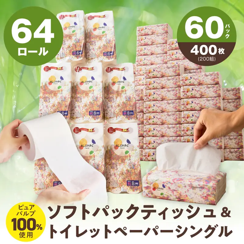 【定期便】 ソフトパックティッシュ400枚×60パック & トイレットペーパー シングル 85M巻×64ロールセット