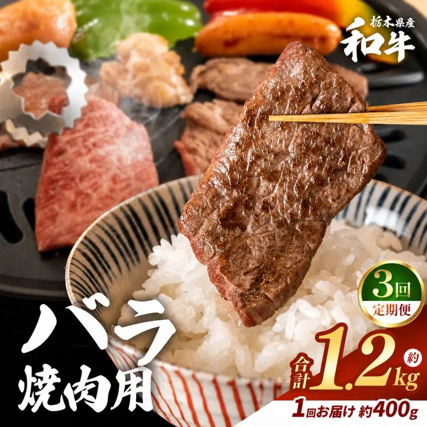 【定期便3回】栃木県産和牛 バラ焼き肉 約400g