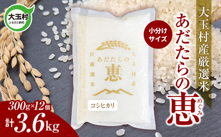 米 大玉村産厳選米「あだたらの恵」（品種：コシヒカリ） 3600g（300g×12個） 3.6kg 小分け 梱包 《 令和7年産  》｜ 福島 大玉村 お米 こしひかり 令和7年 精米 白米 こめ コメ 送料無料 大玉村農業振興公社 ｜ on-ak-3600g-r7