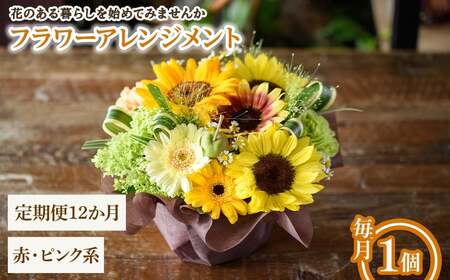 フラワーアレンジメント(赤ピンク系・12ヶ月・毎月1個) フラワーアレンジメント 季節の花 生花 花ギフト フラワーギフト お祝い 記念日 花飾り 贈り物 【m56-06-A12】【Porte-Bonheur】