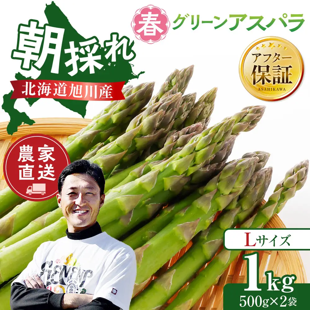 農家直送  朝採れ 春グリーンアスパラ Lサイズ 1kg(500g×2袋)北海道旭川産_05933