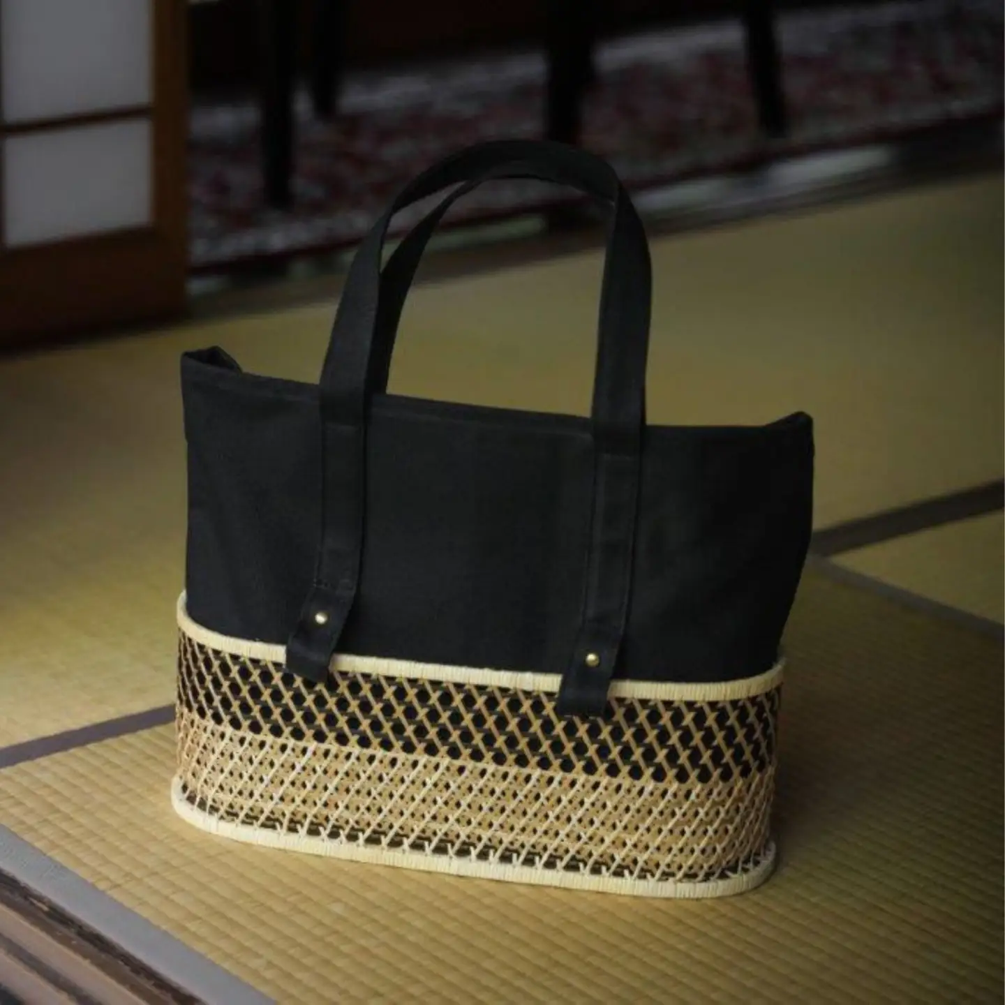 ふたえ籠サイズLブラック（竹籠フレーム帆布バッグ）工芸品 伝統 バッグ かばん 帆布 かご 籠 かごバッグ 新潟県 阿賀野市 2X02125B