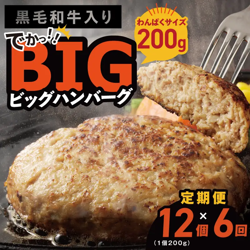 【定期便】黒毛和牛入り BIGハンバーグ（200g×12個）全6回 