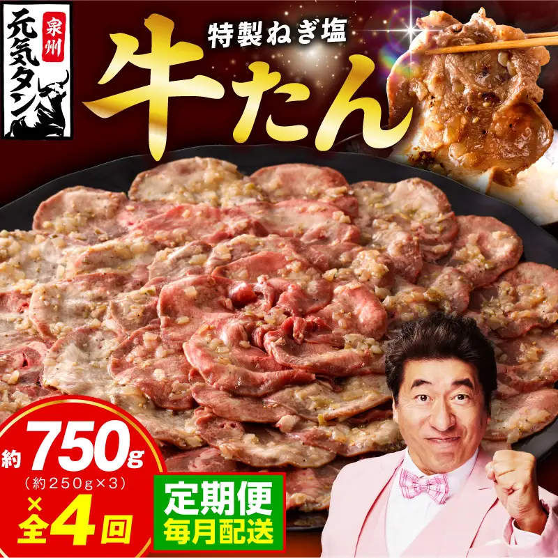 【定期便】ねぎ塩 牛たん 750g 全4回 