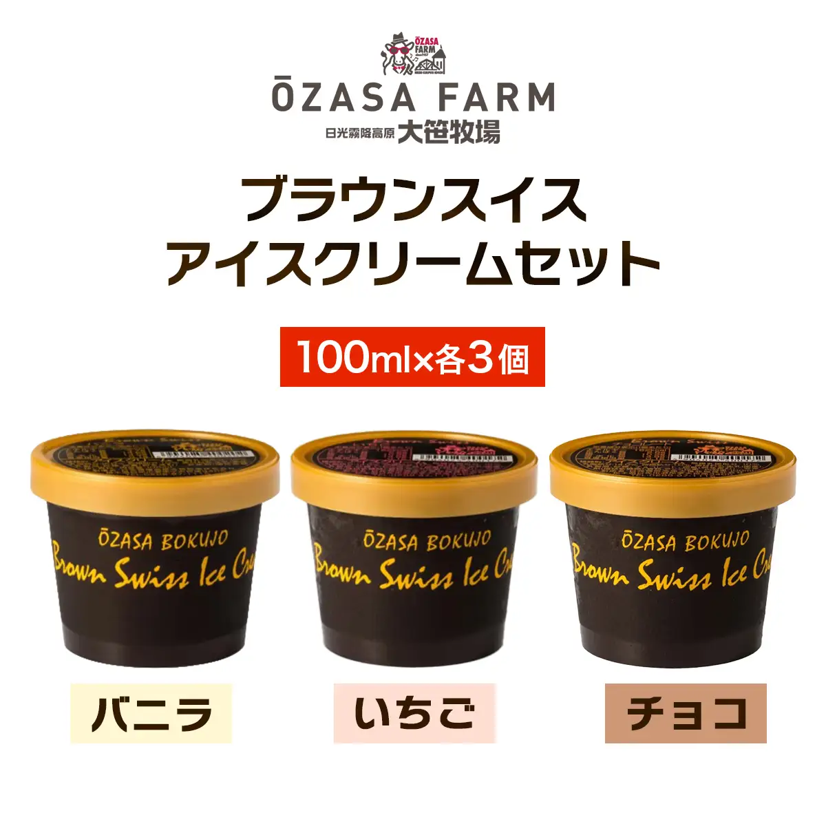 大笹牧場 ブラウンスイス アイスクリーム 3種詰め合わせ (バニラ／いちご／チョコ) [0844]