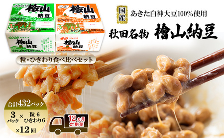 《定期便12ヶ月》秋田名物 檜山納豆パック つぶ・ひきわり セット 計432パック 国産大豆 納豆 大粒 なっとう ナットウ 大豆 個包装 老舗 発酵 冷蔵 冷蔵配送 朝食 ファミリー