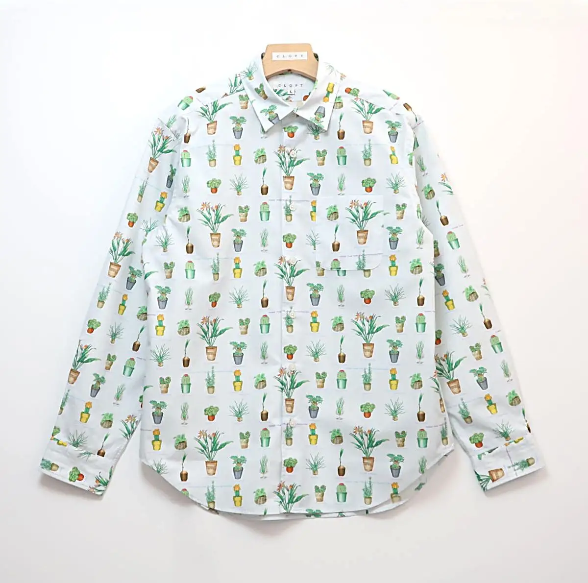 CLOFT 綿100％長袖オリジナルプリントシャツ”サボテン多肉植物柄” XL 0139-018-S07-3