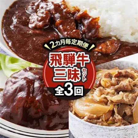 【2ヵ月毎定期便】飛騨牛三昧(ハンバーグ・カレー・牛丼の冷凍食品3種セット)全3回【配送不可地域：離島】【4079778】