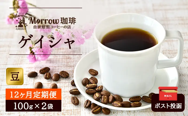コーヒー豆 定期便 12ヶ月 Morrow珈琲 ゲイシャ 200g (100g×2) レギュラーコーヒー 珈琲 コーヒー 珈琲豆 ドリップコーヒー ドリップ 自家焙煎珈琲 自家焙煎コーヒー 12回 1年 お楽しみ 福岡 福岡県 小郡市