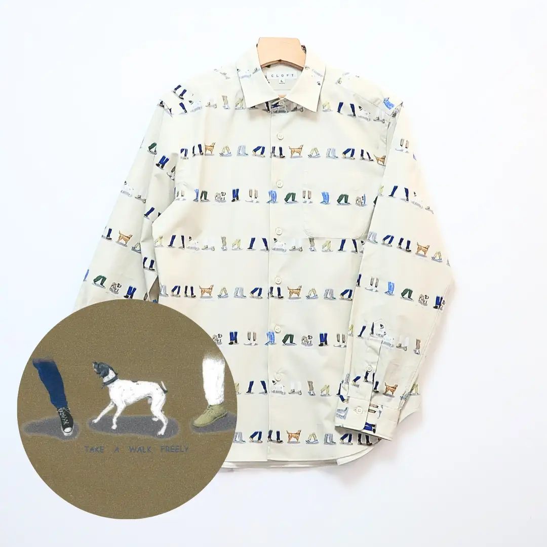 CLOFT 綿100％長袖プリントシャツ”自由に歩こう”犬と散歩柄（C/＃31ライトベージュ） XL 0139-021-S07-3