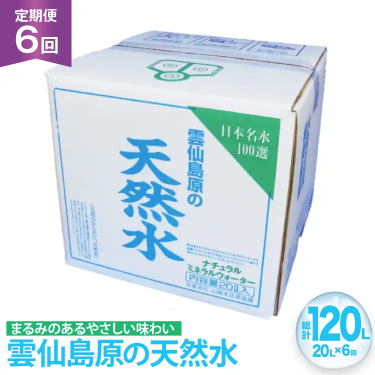 AJ623 山崎本店酒造場 【6回定期便】 雲仙島原の天然水 20L [ 水 天然水 ウォーター おいしい 定期便 定期 名水百選 大容量 日用品 軟水 長崎県 島原市 ]