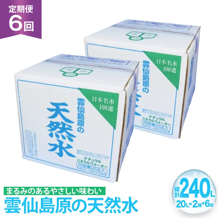 AJ627 山崎本店酒造場 【6回定期便】 雲仙島原の天然水 20L 2箱 [ 水 天然水 ウォーター おいしい 定期便 定期 名水百選 大容量 日用品 軟水 長崎県 島原市 ]