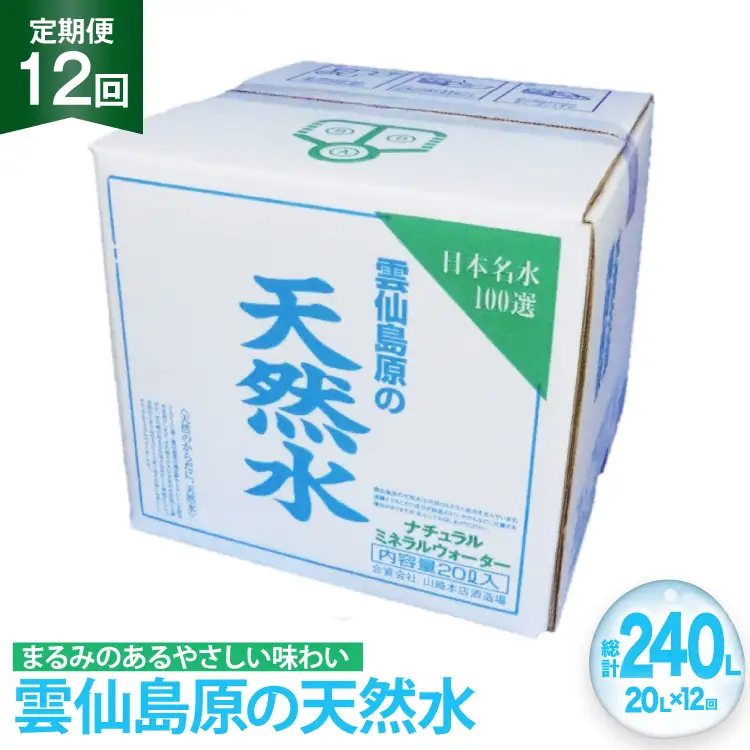 BE249 山崎本店酒造場 【12回定期便】 雲仙島原の天然水 20L [ 水 天然水 ウォーター おいしい 定期便 定期 1年 名水百選 大容量 日用品 軟水 長崎県 島原市 ]