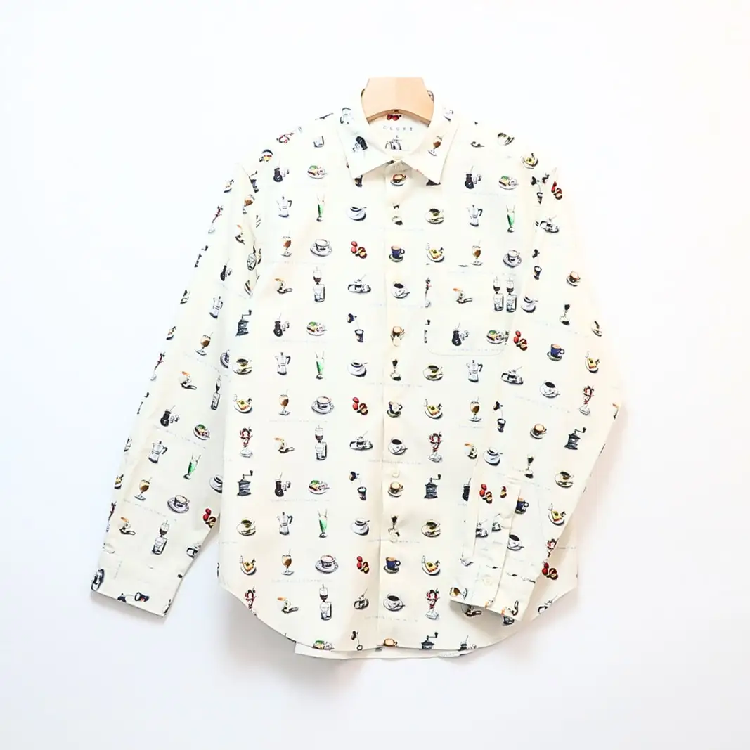 CLOFT 綿100％長袖オリジナルプリントシャツ”憩い”喫茶店柄（C/#11オフホワイト） L 0139-020-S07-2
