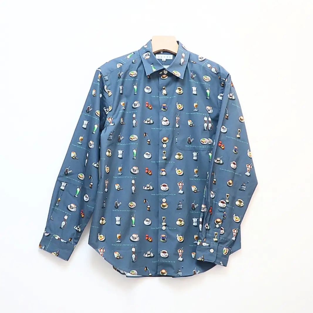 CLOFT 綿100％長袖オリジナルプリントシャツ”憩い”喫茶店柄（C/#17ダークネイビー） XL 0139-020-S07-6