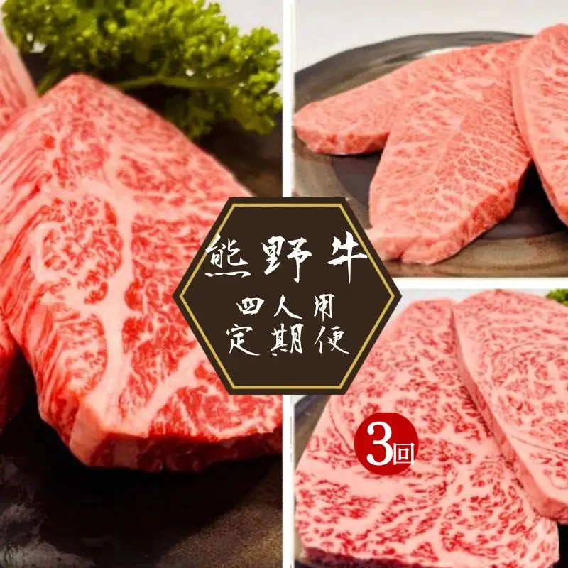 3カ月定期便 熊野牛 ステーキ3部位 4人で味わう 食べ比べ定期便【hcy017-tk】