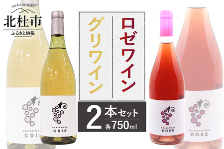 ロゼワイン・グリワイン2本セット　750ml 2本 辛口 数量限定 アルコール分10％ 白ワイン アルコール分8％ 飲みやすい 巨峰 甲州 黄玉 記念日 飲み比べ ご褒美 お酒 国産ワイン 贈り物 ギフト 山梨県 北杜市 小笠原ワイナリー 小笠原ファーム [h086]