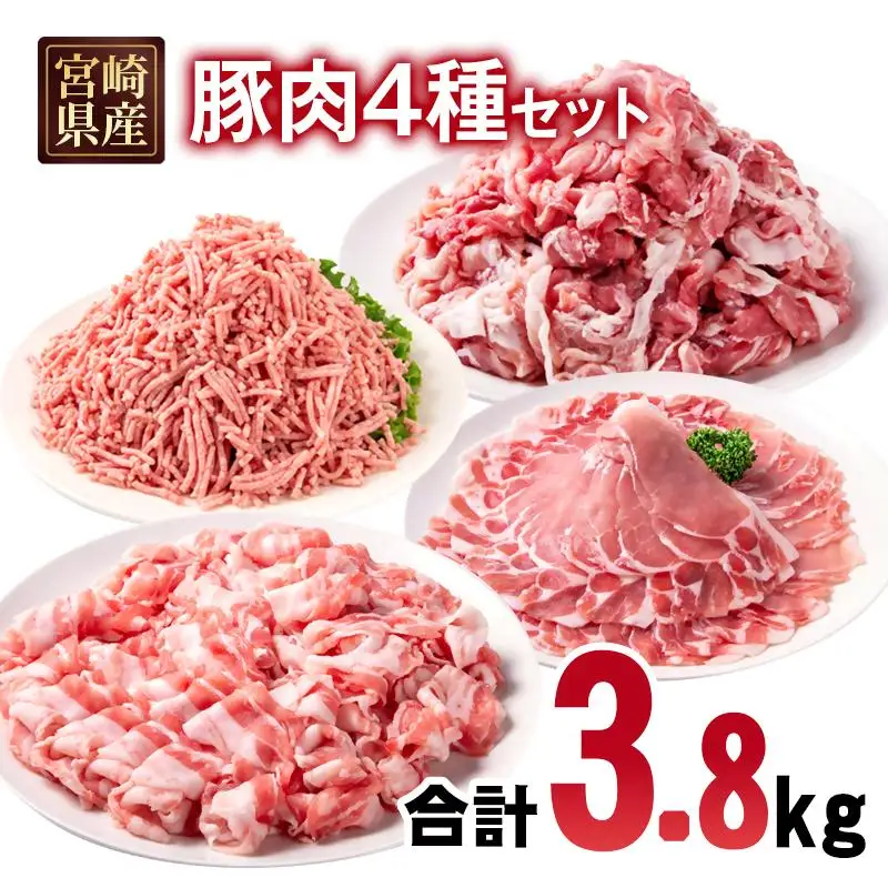 宮崎県産豚肉 4種 合計3.8kgセット 小分け 14パック バラ切り落とし ロース 切り落とし ミンチ＜70-27a＞