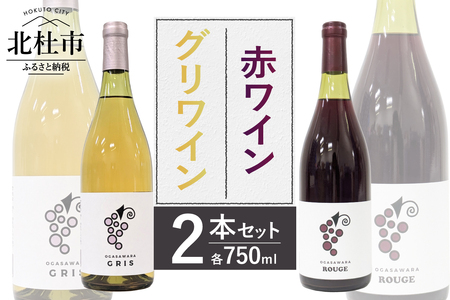 赤ワイン・グリワイン 2本セット　ワイン 750ml 2本 セット 辛口 数量限定 アルコール 10％ 8％ マスカットベーリーA 飲み比べ ご褒美 肉料理 パスタ 魚料理 マリネ 酒 国産 記念日 贈り物 ギフト 山梨県 北杜市 小笠原ワイナリー 小笠原ファーム [h086]