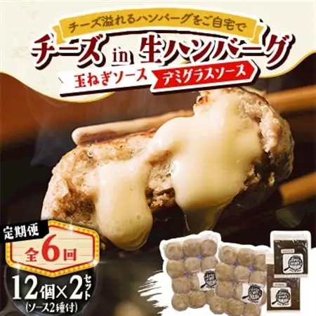 【毎月定期便】チーズハンバーグ(生)12個×2　玉ねぎソース150g、デミグラスソース250g全6回【配送不可地域：離島】【4080194】