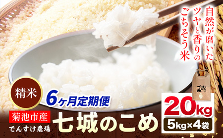【6ヶ月定期便】令和7年産 精米 七城のこめ 20kg《30日以内に出荷予定(土日祝除く)》熊本県 菊池市 米 白米 ヒノヒカリ でんすけ農場