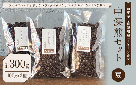 【中深煎セット】 コーヒー豆 100g×3種セット 【お菓子と自家焙煎コーヒー ソカロ】 飲料類 ドリンク 飲み物 コーヒー豆 珈琲豆 深煎り 甘さ コク コーヒータイム  F21U-635
