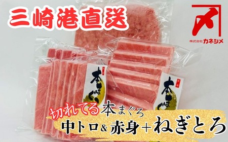 三崎マグロ 卸問屋カネシメ の 本鮪 中トロ ・ 赤身 切れてるお刺身 セット ＋ 目鉢鮪 ネギトロ M070-007 冷凍 マグロ