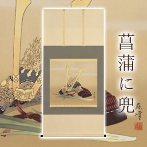 掛け軸「菖蒲に兜」 富岡蘇峰 尺八横 サイズ：65×135cm 桐箱付 掛け軸 和室 おしゃれ 日本画 表装 床の間