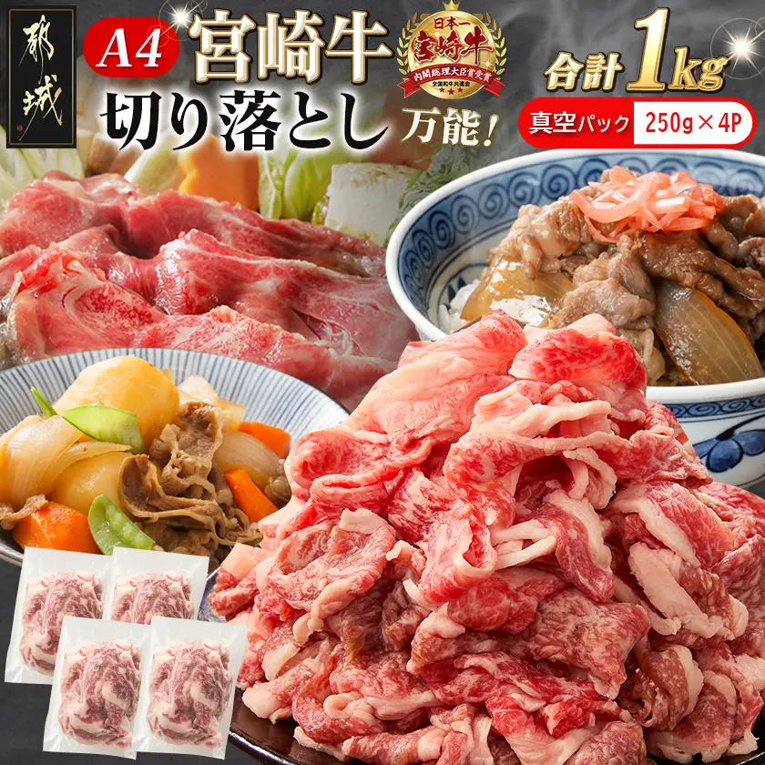 宮崎牛切り落とし1kg(真空)〔MJ-89-006-1000g-s〕_(都城市) 牛肉 国産黒毛和牛 ブランド牛切り落とし肉 1キロ 小分け 真空パック 牛丼 炒め物に