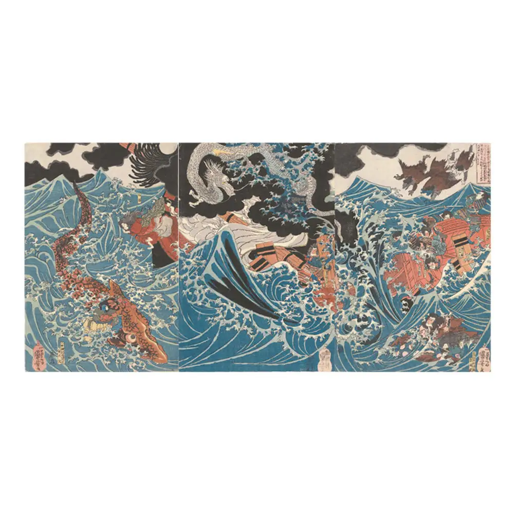 オリジナル【レプリカ浮世絵（3枚絵）歌川国芳作「肥後国水俣の海上にて為朝難風に遇う」】／名古屋刀剣博物館
