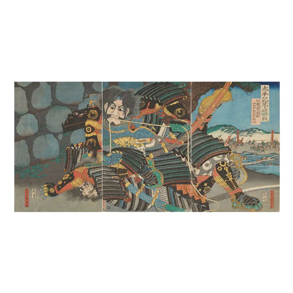 オリジナル【レプリカ浮世絵（3枚絵）歌川貞秀作「太平記尼ヶ崎合戦 加藤清正勇猛四方手左司馬組討」】／名古屋刀剣博物館