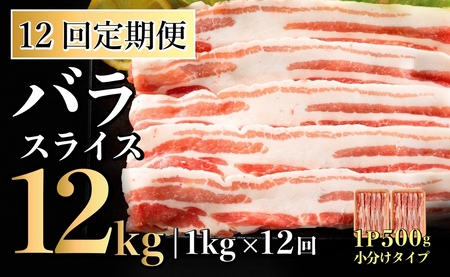 【12回定期便】 長崎県産 豚肉 バラスライス 計1kg (500g×2) 総計12kg 定期便 小分け 冷凍 豚肉 しゃぶしゃぶ すき焼き ぶたにく 国産豚 12回 定期便 