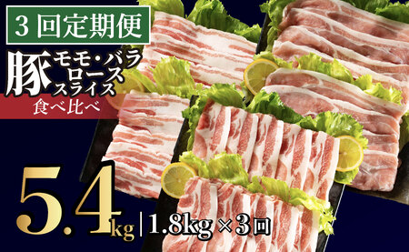 《定期便》長崎県産豚 3種食べ比べ (モモ･バラ･ロース スライス)計 1.8kg (モモ400g×2･バラ500g×1･ロース500g×1)【3回お届け】