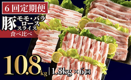 《定期便》長崎県産豚 3種食べ比べ (モモ･バラ･ロース スライス)計 1.8kg(モモ400g×2･バラ500g×1･ロース500g×1)【6回お届け】