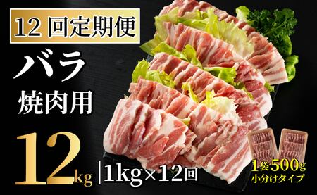 《定期便》長崎県産豚 バラ焼肉用 計1kg(500g×2)【12回お届け】
