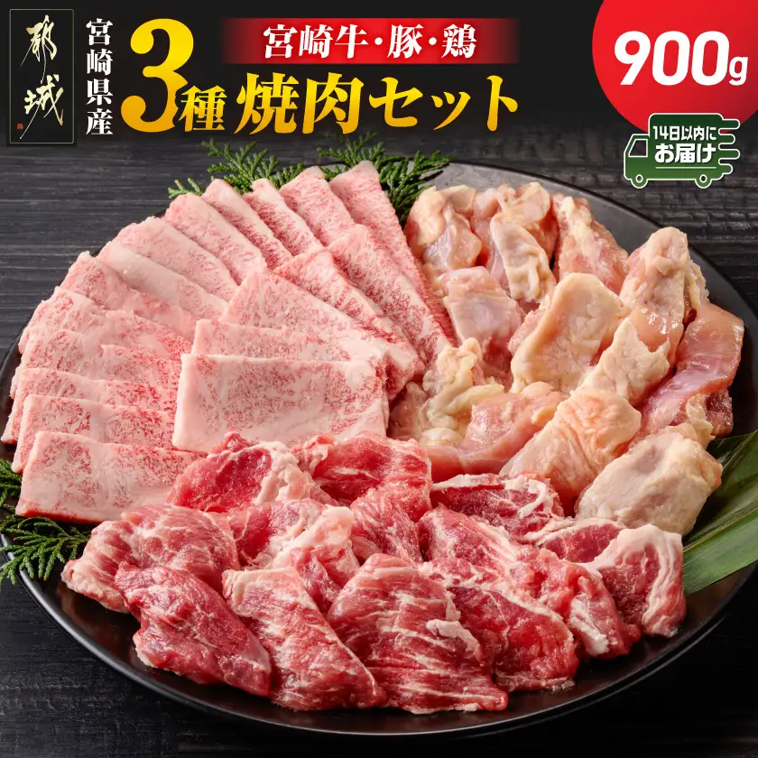 宮崎県産≪宮崎牛・豚・鶏≫3種の焼肉セット300g×3パック≪みやこんじょ快速便≫〔14-89-003-900g-R〕_(都城市)  宮崎県産 焼肉セット 宮崎牛バラ 豚肉(ロース又は肩ロース) 鶏モモ肉
