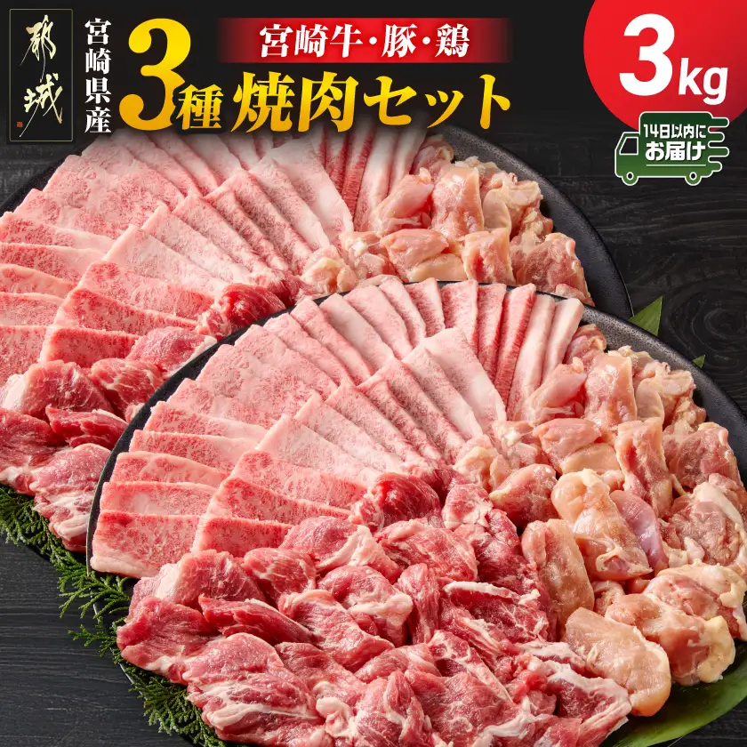 宮崎県産≪宮崎牛・豚・鶏≫3種の焼肉セット300g×10パック≪みやこんじょ快速便≫〔28-89-003-3kg-R〕_(都城市)  宮崎県産 焼肉セット 宮崎牛バラ 豚肉(ロース又は肩ロース) 鶏モモ肉