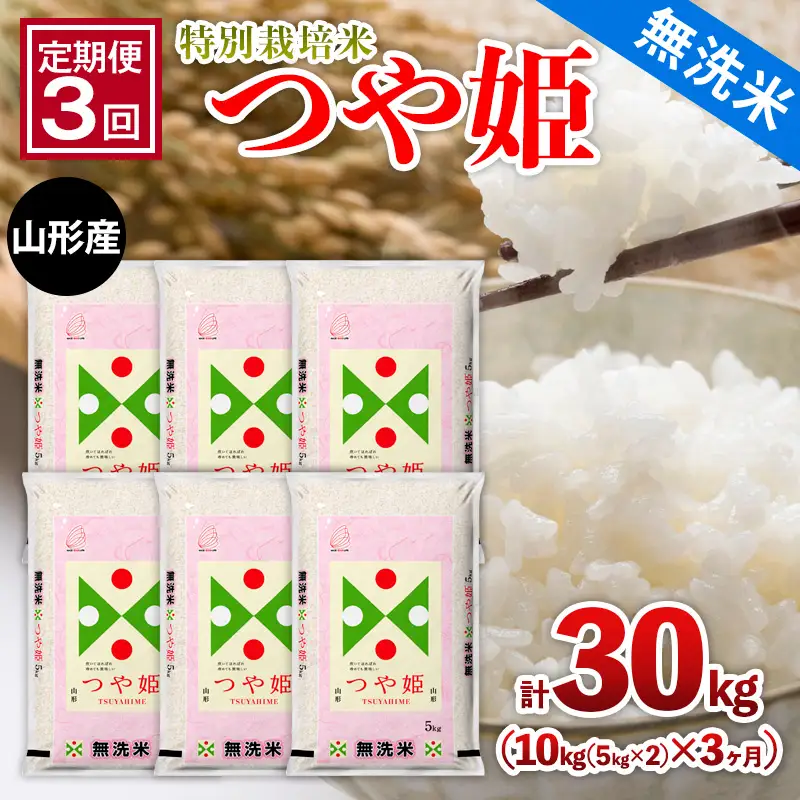 【定期便3回】山形産 特別栽培米 【無洗米】 つや姫 10kg(5kg×2)x3ヶ月(計30kg) FZ26-772